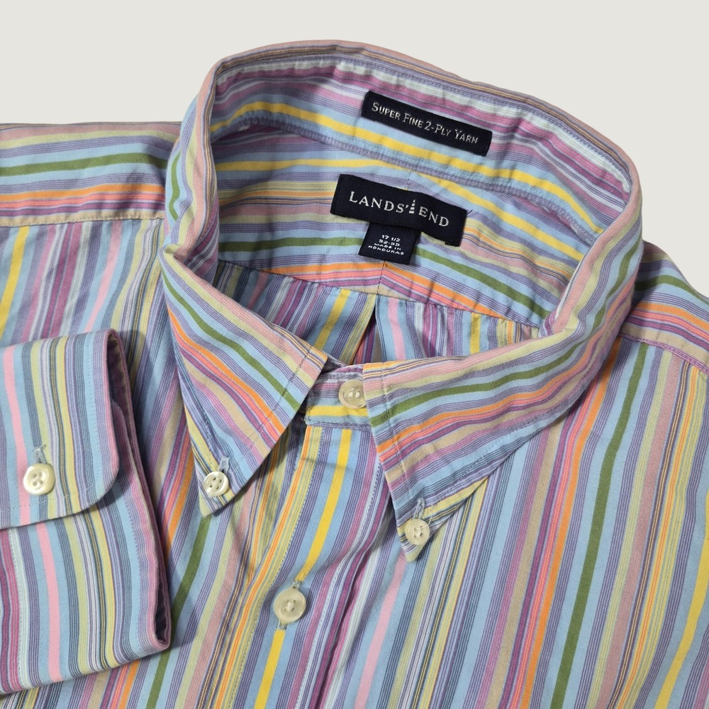Lands' End Button Down Shirt Men 17.5 32-33 Multi Color Stripe Cotton Preppy Ivy